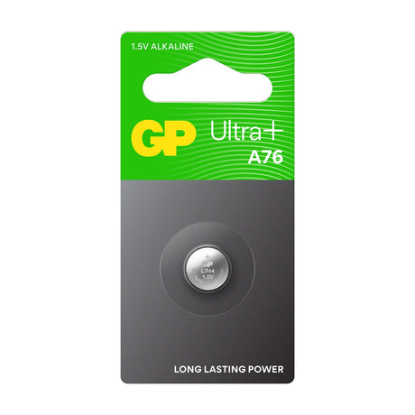 GP Ultra+ A76 LR44 1.5V alkaline button cell in single-unit green and grey blister pack.