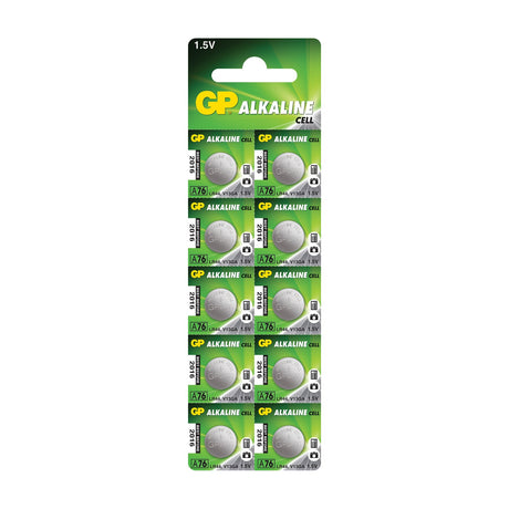 GP LR44 alkaline 1.5V button cell batteries in a 10 pack blister card with green branded packaging on a plain white background.