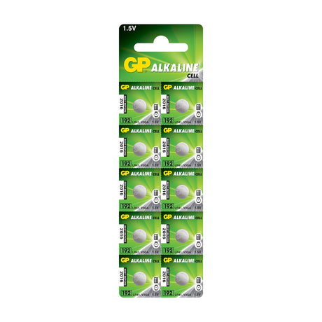 GP LR41 192 1.5V alkaline button cells in a 10 pack blister strip with green GP Alkaline Cell branding on a plain background.