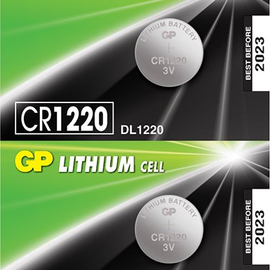 GP CR1220 3V lithium button cells shown in silver coin format on green and black retail packaging marked DL1220 and Lithium Cell.