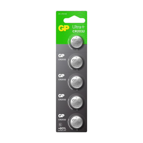 GP Ultra Plus Lithium CR2032 3V coin cell batteries in a five pack on green and grey child-resistant blister card.