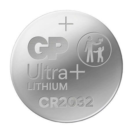 Close-up of a GP Ultra Plus Lithium CR2032 coin cell showing the positive terminal, brand logo, child-safety symbol and type marking on white.