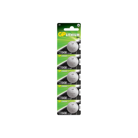 GP CR2430 3V lithium button cell 5 pack on green blister card, each coin cell marked CR2430 3V with best before 2023.