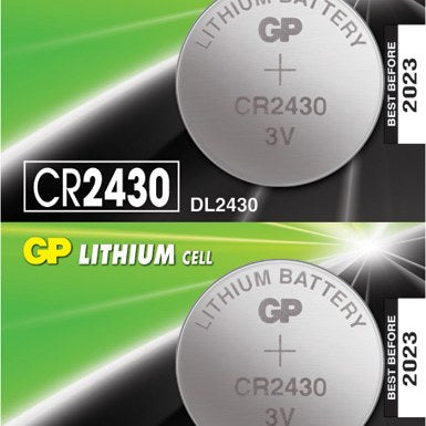 GP CR2430 3V lithium button cell packaging showing two coin batteries labelled DL2430 with best before 2023 date on green and black card.
