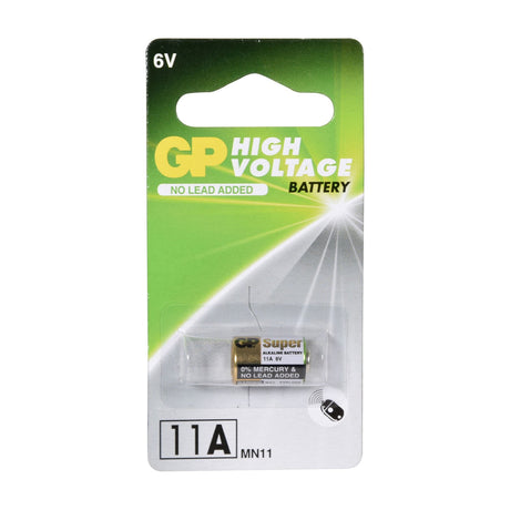 GP 11A 6V high voltage alkaline battery cell in a single blister pack with green and white card backing.