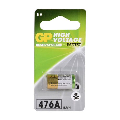 GP 4LR44 6V high voltage alkaline battery, single cell in green and silver blister pack marked 476A, on a plain white background.