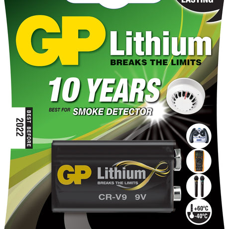 GP Lithium PP3 9V long-life battery pack by AVSL, single cell shown on green retail packaging with 10-year shelf life and smoke detector graphics.