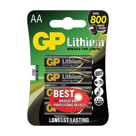 GP AA Lithium Batteries 4 pack in green and black blister packaging, marked over 800 photo flash and best for medical and professional devices.