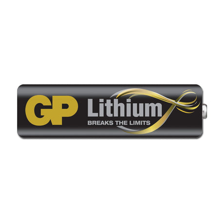 GP AA Lithium battery with black casing, gold branding and silver "Breaks the Limits" text, shown on a plain white background.
