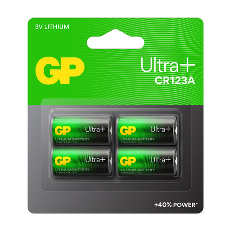 GP Ultra+ CR123A 3V lithium photo cells on a green and grey blister card of four, each battery in green and black casing.