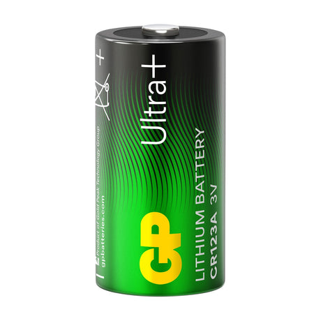 GP CR123A 3V lithium photo cell in green and black casing with Ultra+ branding, shown upright on a plain white background.