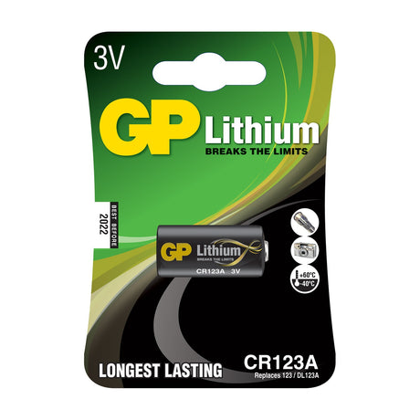 GP CR123A 3V lithium photo cell battery in a single-cell green and black blister pack, showing the black cylindrical cell with gold branding.