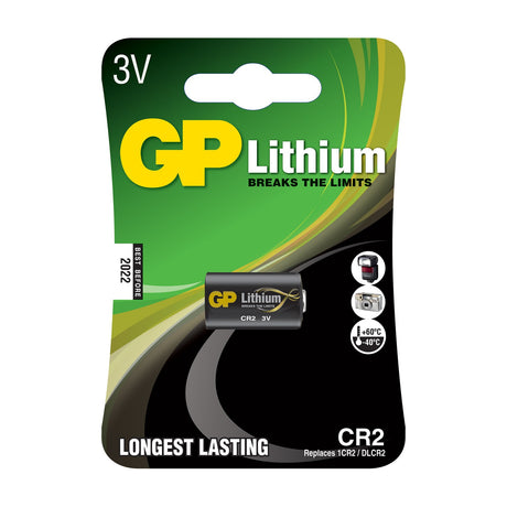 GP CR2 3V lithium photo battery single cell on green and black blister card packaging with camera and flash icons.