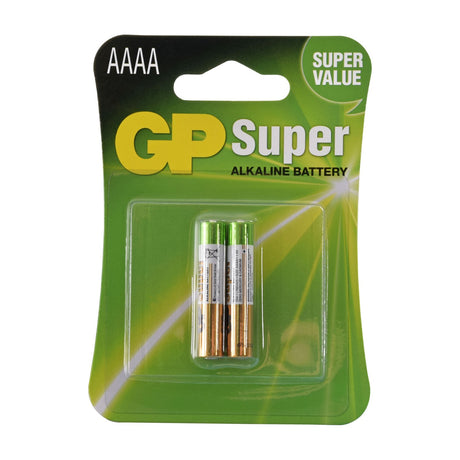 GP Super Alkaline AAAA 1.5V batteries in a green and black blister pack of two, showing the cells sealed in clear plastic on a white background.