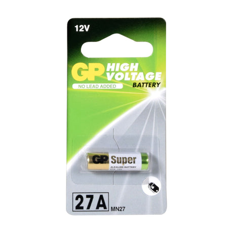 GP 27A 12V High Voltage Alkaline Battery in single-cell green and silver blister pack with MN27 label.