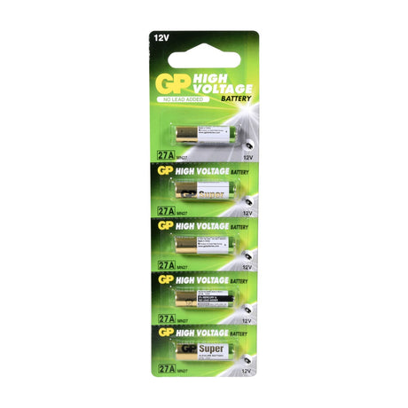 GP 27A 12V high voltage alkaline batteries in a five-pack blister card with green and yellow packaging, each cell labelled 27A MN27 12V.
