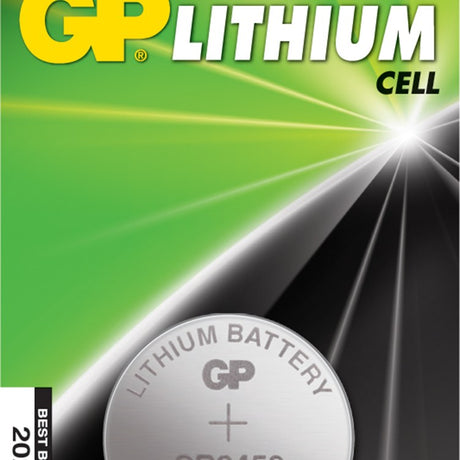 GP CR2450 3V lithium button cell packaging showing the coin cell on a green and black design with Lithium Cell branding.