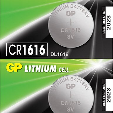 GP CR1616 3V lithium button cells shown in silver blister packaging with black and green branding, sold as a 5 pack.