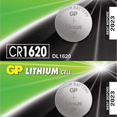 GP CR1620 3V lithium button cells in silver coin format, shown on green retail packaging marked Lithium Cell with a 2023 best before date.