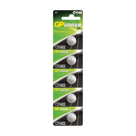 GP CR1632 3V lithium button cells in a five-pack blister card with green and black backing, each coin cell visible in its own sealed section.