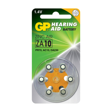 GP ZA10 PR70 zinc air hearing aid batteries, 1.4V, six-pack in round plastic dispenser with yellow tabs, on green and grey packaging.