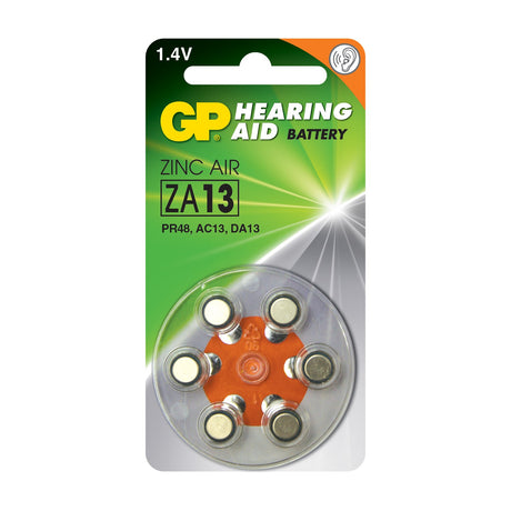 GP PR48 ZA13 zinc air hearing aid batteries, 6 pack in a round orange plastic dispenser on green and silver blister card, 1.4V.