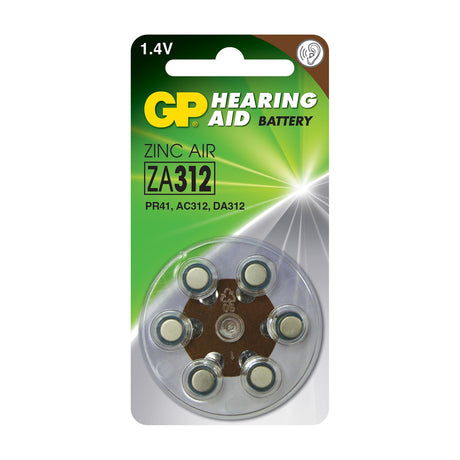 GP Hearing Aid ZA312 PR41 zinc air batteries, 1.4V, pack of 6 with brown tabs, shown in blister packaging on green branded card.