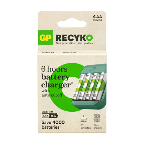 GP Recyko B423 USB-C battery charger packaging with 4 included AA rechargeable cells shown, six-hour charging with auto cutoff, on a white background.