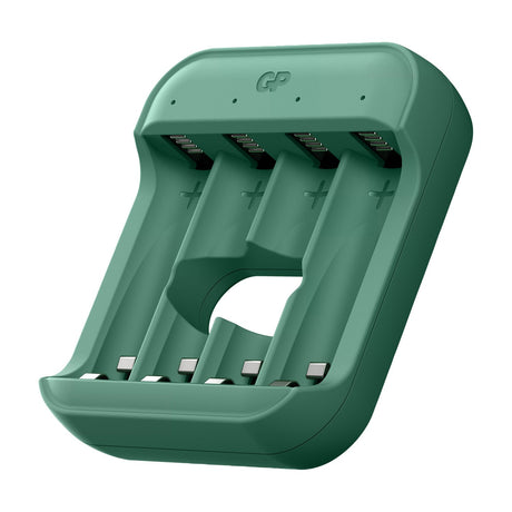 GP Recyko B423 four-slot USB-C battery charger in green, shown empty with metal contact terminals for AA or AAA cells on a plain white background.