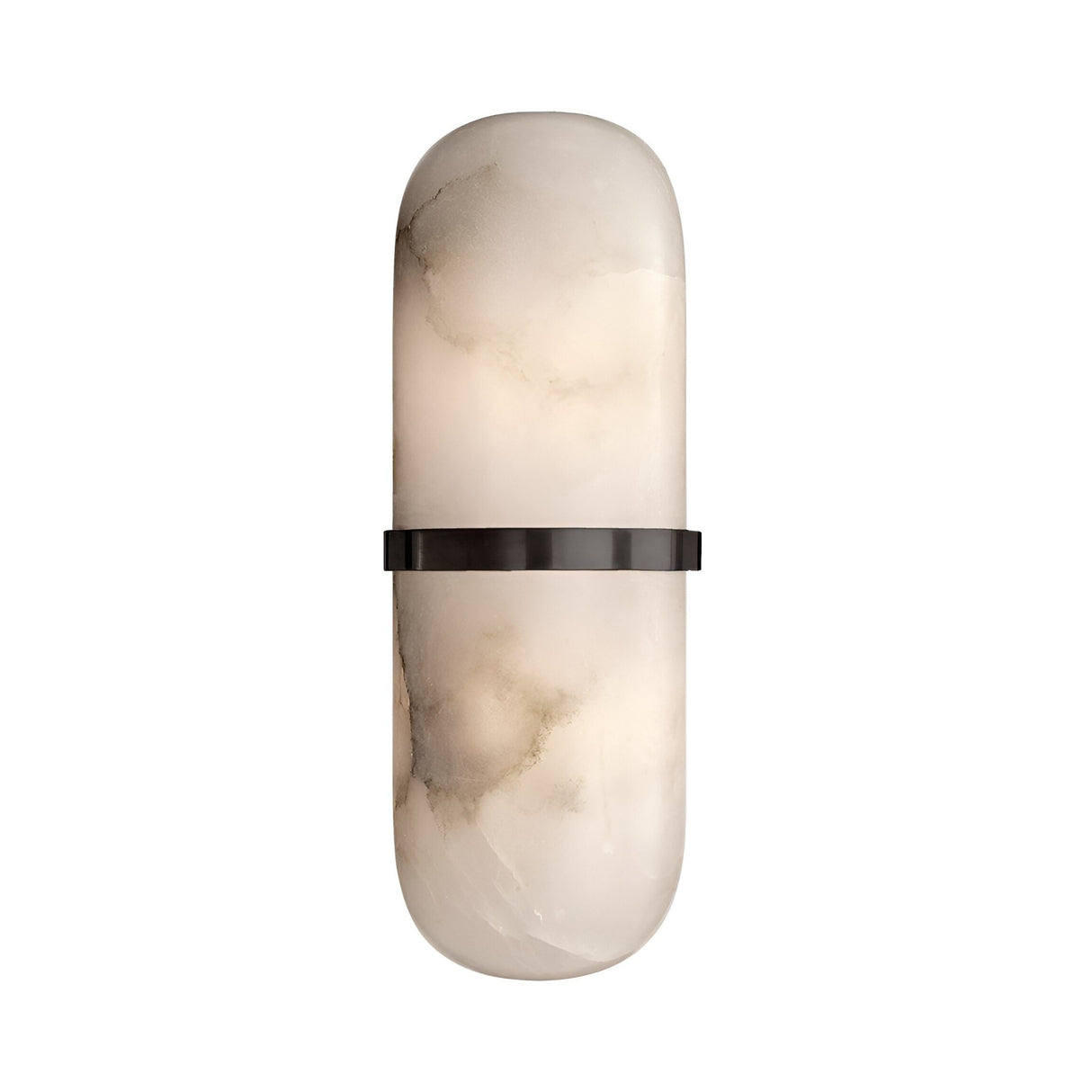 The Orvani LED Cylinder Alabaster Wall Light combines soft white Spanish alabaster with subtle gray veining, shaped in an elongated oval and accented by a matte black metal band for a sleek, modern look.