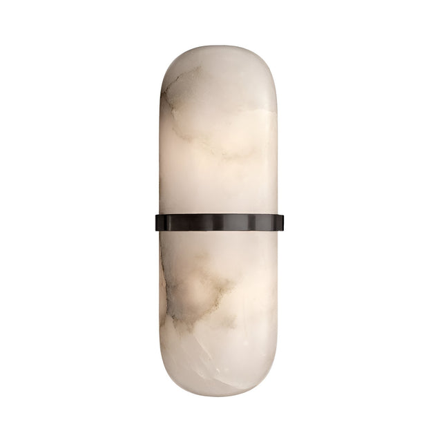 The Orvani LED Cylinder Alabaster Wall Light combines soft white Spanish alabaster with subtle gray veining, shaped in an elongated oval and accented by a matte black metal band for a sleek, modern look.
