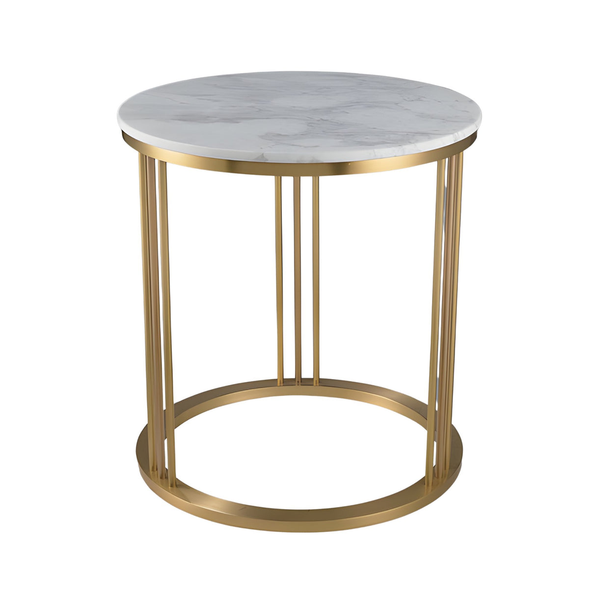 The Circulael 60cm Alabaster Coffee Table features a round alabaster top reminiscent of marble and a brushed brass frame with vertical and circular supports.