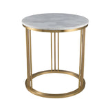 The Circulael 60cm Alabaster Coffee Table features a round alabaster top reminiscent of marble and a brushed brass frame with vertical and circular supports.