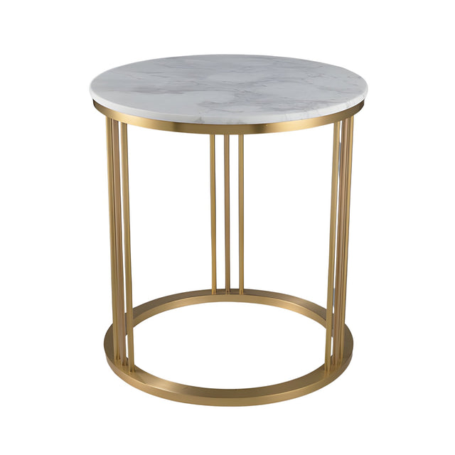 The Circulael 60cm Alabaster Coffee Table features a round alabaster top reminiscent of marble and a brushed brass frame with vertical and circular supports.