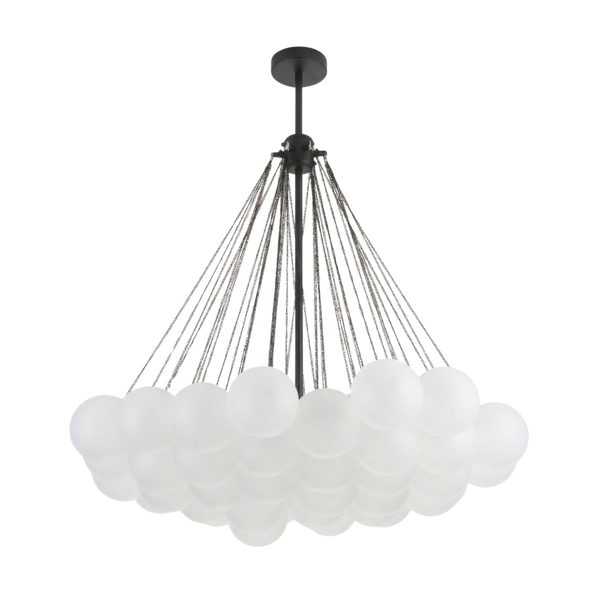 Niori Orb 37 Light Cluster Chandelier in black, with frosted glass globes suspended on fine chains from a matt black rod and ceiling rose.