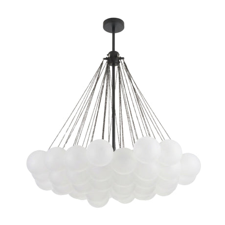 The Orb 37 Light Cluster Suspension - Black features frosted glass spheres clustered together, suspended by black cords from a sleek central mount—an elegant chandelier for any contemporary interior.
