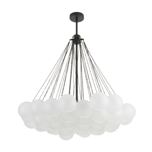 Niori Orb 37 Light Cluster Chandelier in black, with frosted glass globes suspended on fine chains from a matt black rod and ceiling rose.