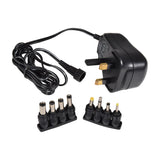 Mercury 12V 1000mA switch mode power supply with UK 3-pin plug, coiled output cable and eight interchangeable DC barrel adaptor plugs on white.
