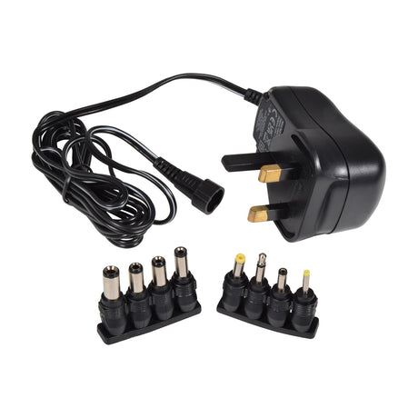 Mercury 12V 1000mA switch mode power supply with UK 3-pin plug, coiled output cable and eight interchangeable DC barrel adaptor plugs on white.