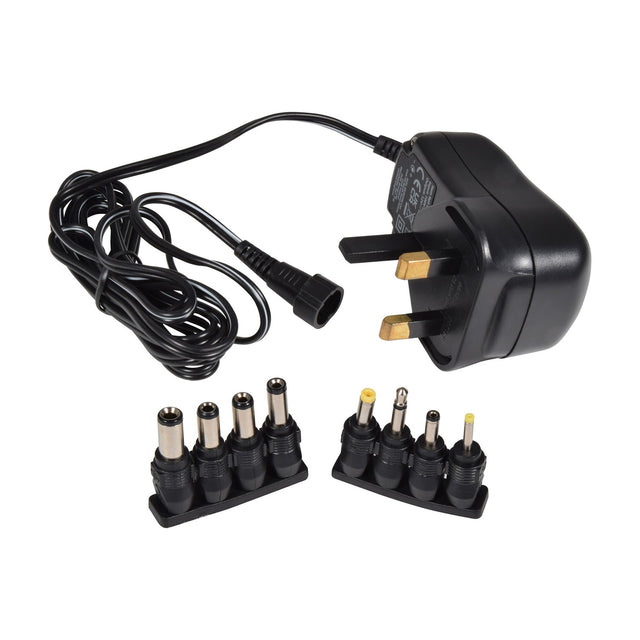 Mercury 12V 1000mA switch mode power supply with UK 3-pin plug, coiled output cable and eight interchangeable DC barrel adaptor plugs on white.