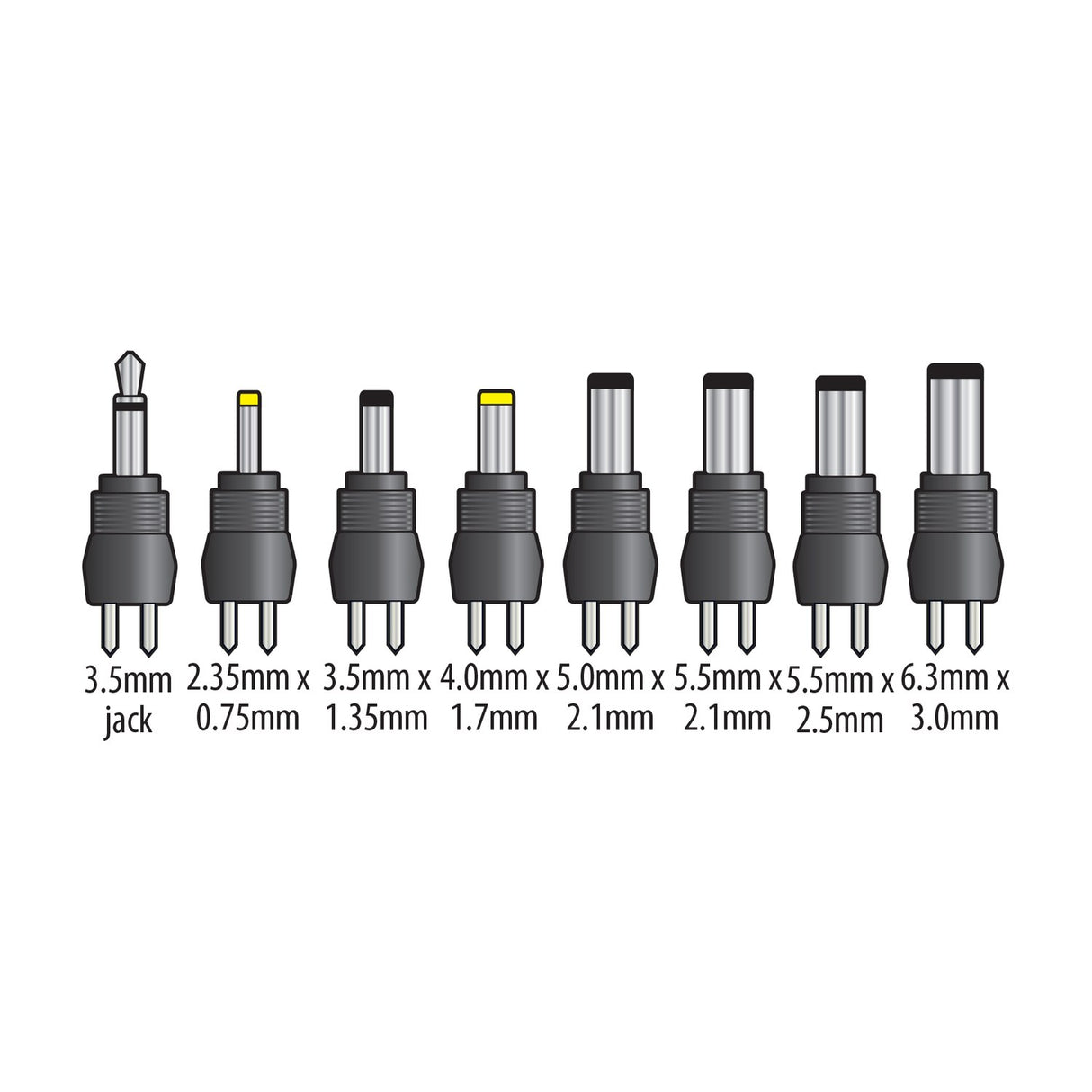 Mercury 12V 1000mA switch mode power supply adaptor plug set showing eight interchangeable DC barrel connectors with size labels on a white background.