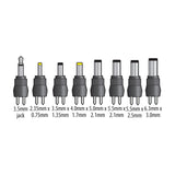 Mercury 12V 1000mA switch mode power supply adaptor plug set showing eight interchangeable DC barrel connectors with size labels on a white background.
