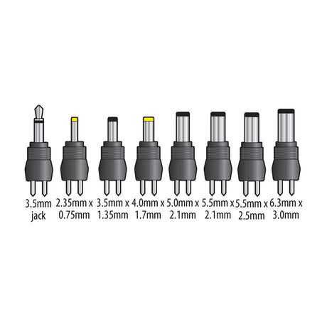 Mercury 12V 1000mA switch mode power supply adaptor plug set showing eight interchangeable DC barrel connectors with size labels on a white background.