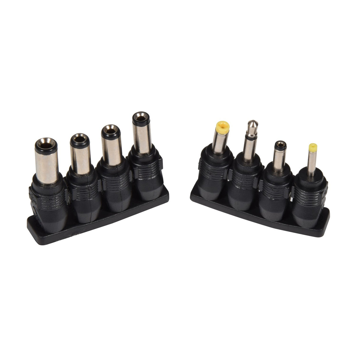Eight interchangeable DC barrel adaptor plugs from the Mercury 12V 1000mA switch mode power supply set, arranged in two rows of four on a white background.