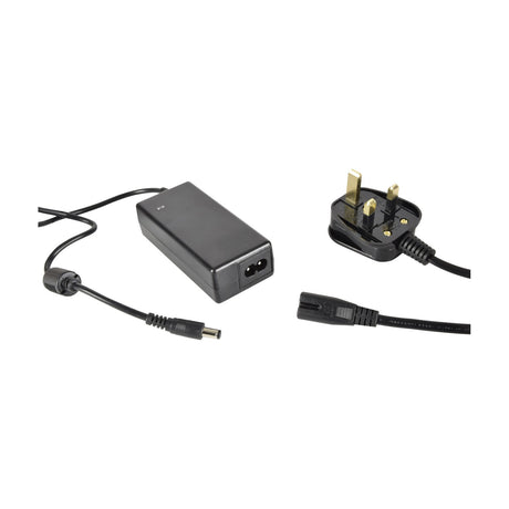LYYT 12V DC 2A indoor PSU LED driver by AVSL with 1.2m lead, centre-positive DC plug, and UK figure-8 mains cable on a white background.