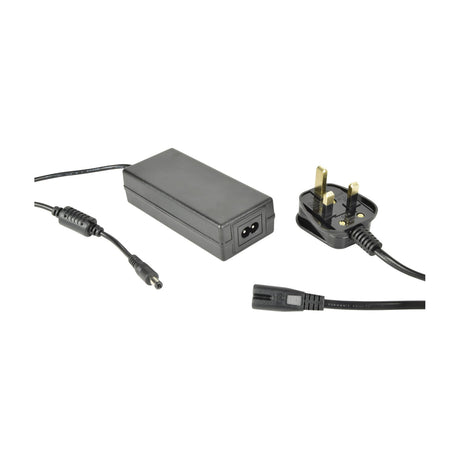 LYYT 12V DC 3A indoor power supply with 1.2m lead, barrel plug, and UK figure-8 mains cable in matte black on a white background.