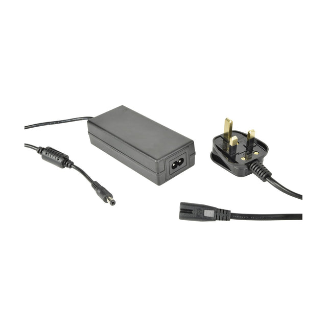 LYYT 12V DC 3A indoor power supply with 1.2m lead, barrel plug, and UK figure-8 mains cable in matte black on a white background.