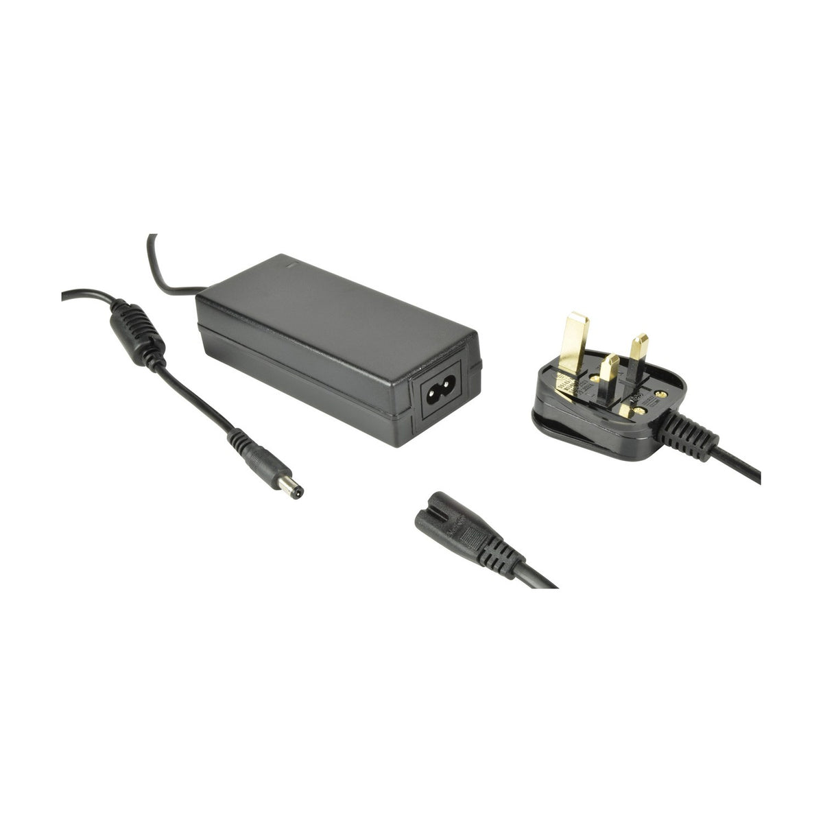 LYYT 12V DC 4A indoor LED driver PSU by AVSL, black sealed housing with hardwired barrel plug lead and detachable UK figure-8 mains cable, on white.