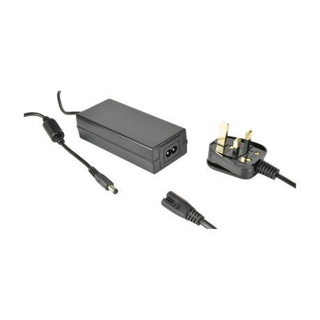 LYYT 12V DC 4A indoor LED driver PSU by AVSL, black sealed housing with hardwired barrel plug lead and detachable UK figure-8 mains cable, on white.