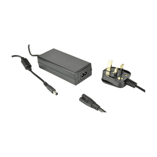LYYT 12V DC 4A indoor LED driver PSU by AVSL, black sealed housing with hardwired barrel plug lead and detachable UK figure-8 mains cable, on white.